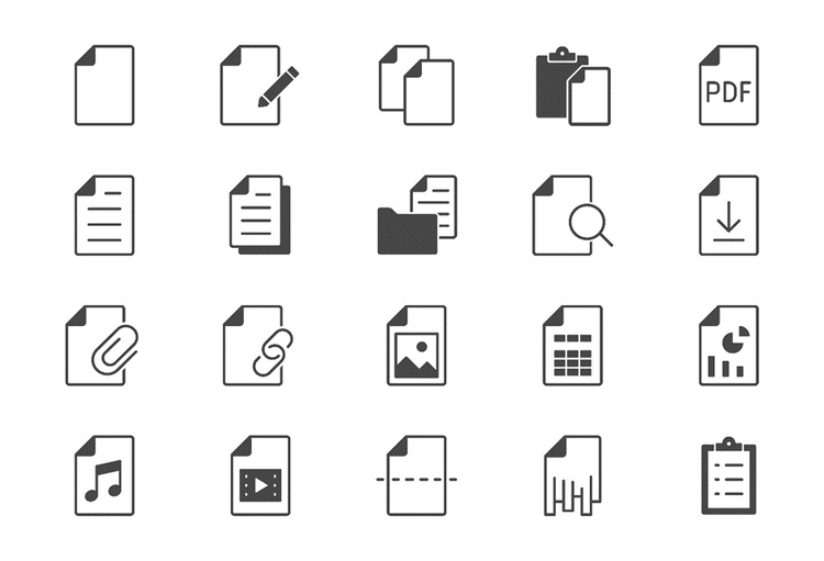 Series of 20 icons depicting different types of documents, formats and features such as downloading, searching, watching, playing, copying, and editing.