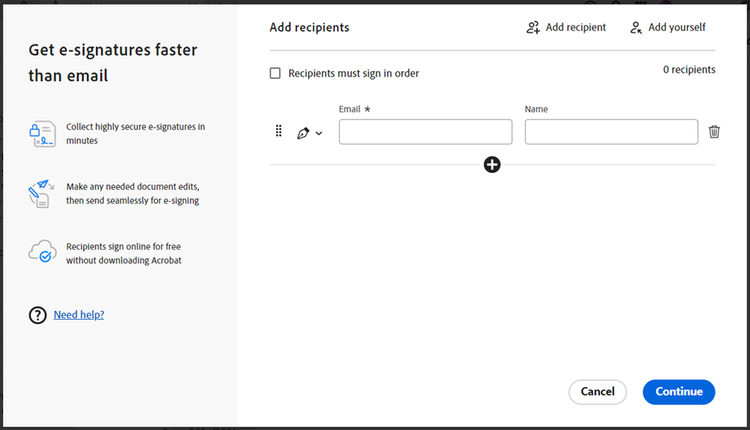 Screenshot of Adobe Acrobat window for adding recipient names and emails to sign a PDF.