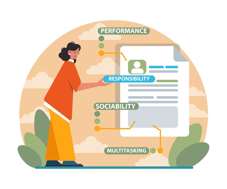 Illustration of a woman and a resume page highlighting keywords of performance, responsibility, sociability and multitasking.