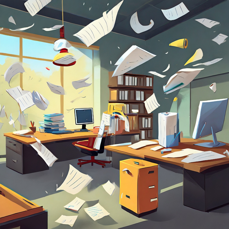 Image created with Adobe Firefly AI depicting loose paperwork flying around a small office.