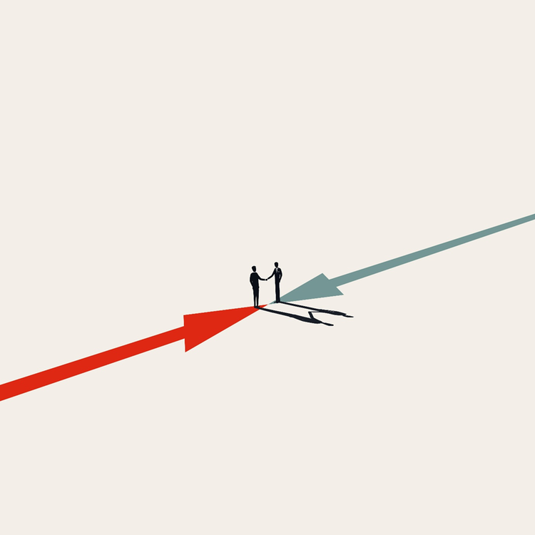 Diagram of two people meeting and shaking hands in the middle of two arrows of different colours.