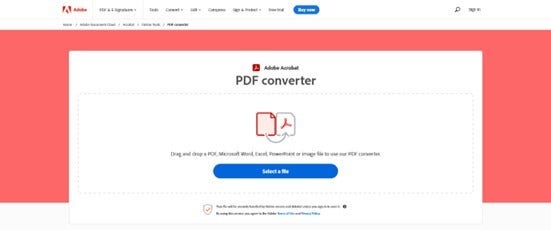 Screenshot of the screen to convert files to PDF in Acrobat Online