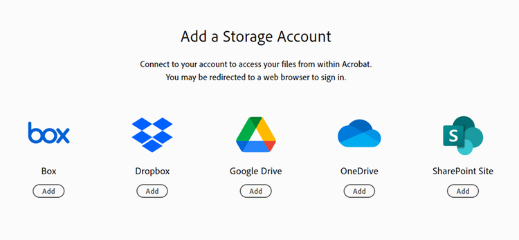 Screenshot from Adobe Acrobat Pro showing the options save and add PDFs automatically to a cloud-based storage account.