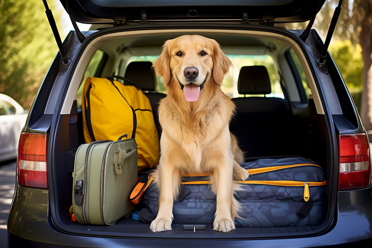 Photo of a Golden Retriever sitting in the back of a car with luggages.