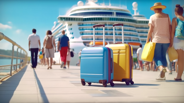 Picture of a passengers boarding a cruise ship with luggage in the foreground.