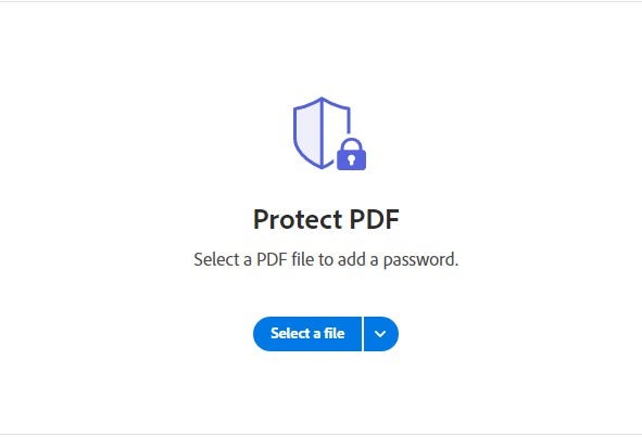 Screenshot of protect pdf file select screen on adobe acrobat online.