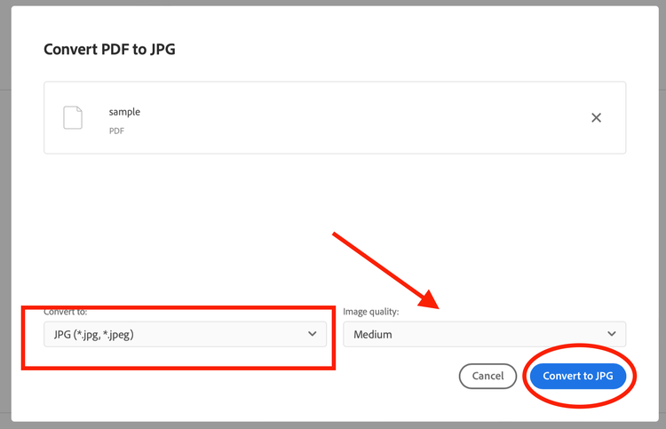 Screenshot of Adobe Acrobat convert PDF to JPG dialogue box with annotations