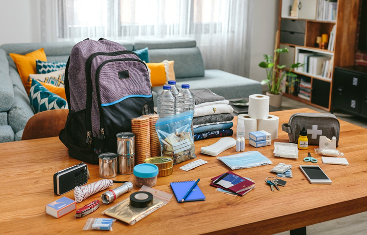 Photo of an emergency backpack and contents laid out on the dining table in a residential house.