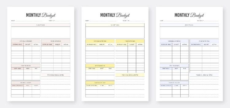 A set of three monthly budget templates showing use of tables and colour.