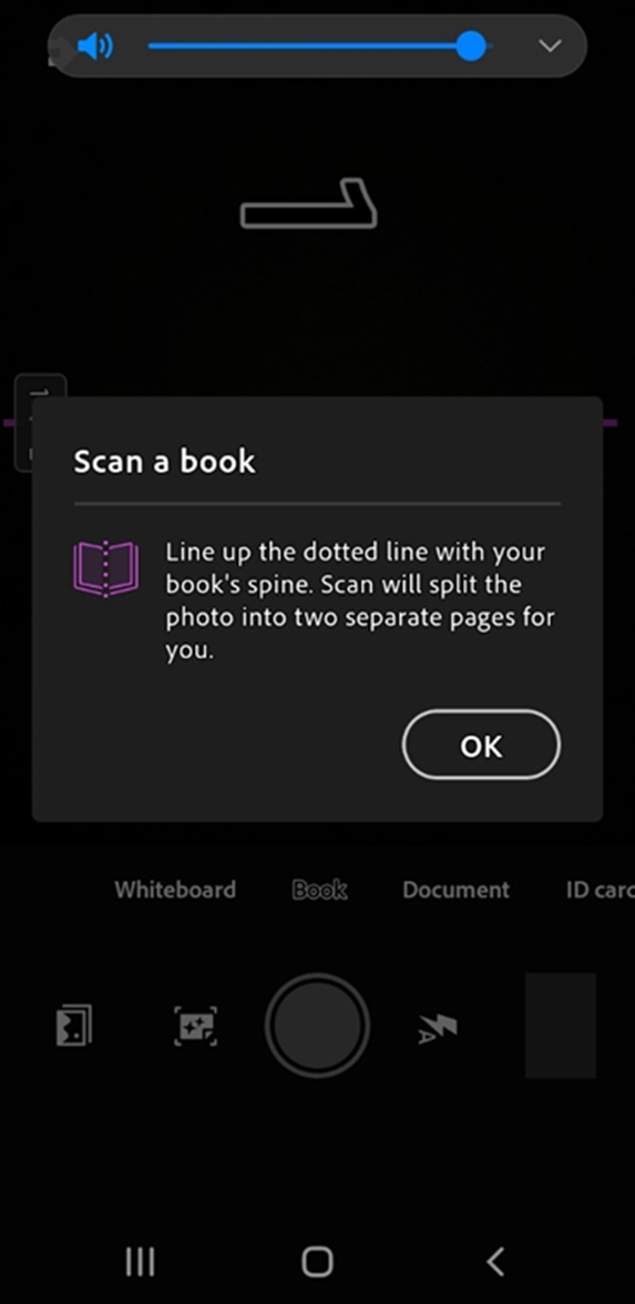 Screenshot of the option to Scan a book in the Adobe Scan mobile app.