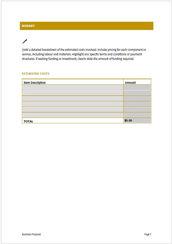 Screenshot of budget proposal page in free Business Proposal Template PDF.
