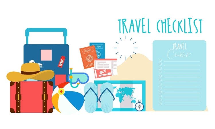 Illustration of travel preparation. Pictures include a suitcase, beach ball, snorkel, flipflops or thongs, hat, passport, tickets, and travel checklist.