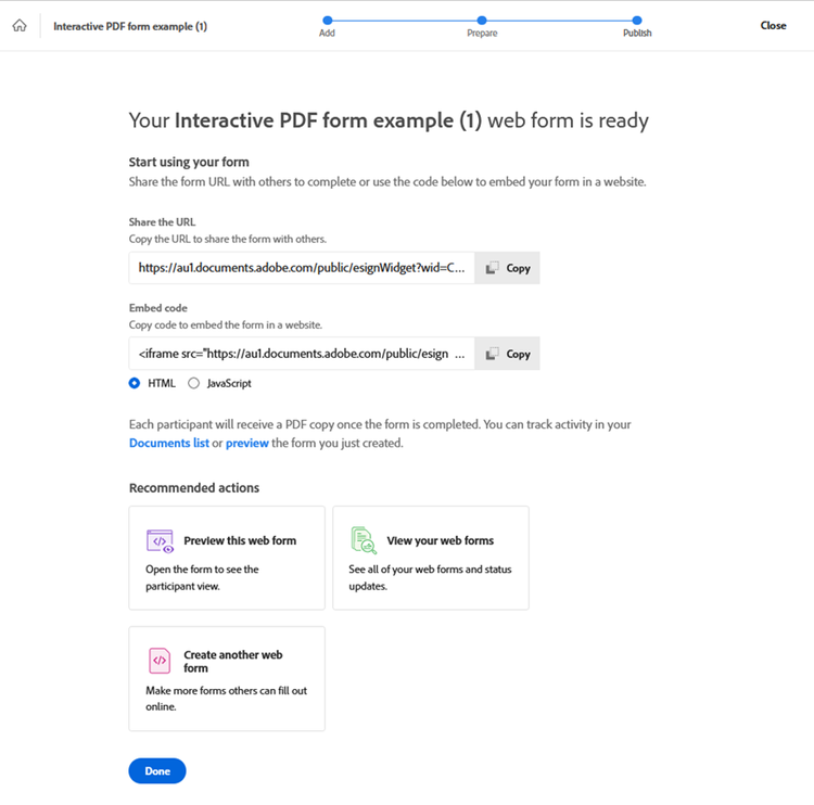 Screenshot from Adobe Acrobat Online showing the screen to create and publish a web form.