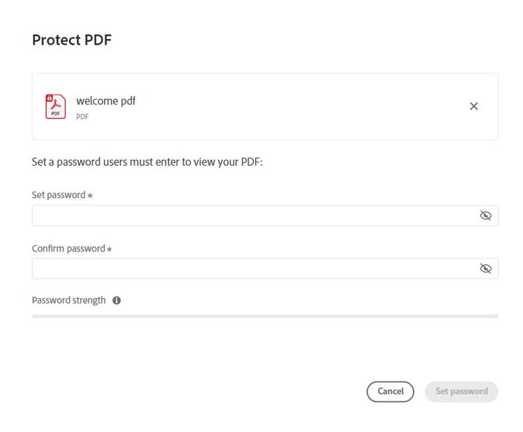 Screenshot of password selection screen on adobe acrobat online.