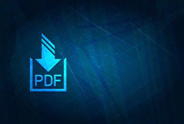 Blue graphic showing a PDF download icon and a futuristic background.