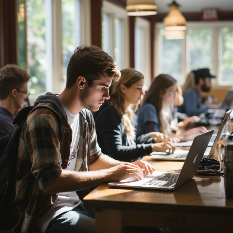 Photo of a group of students in a library using laptops.