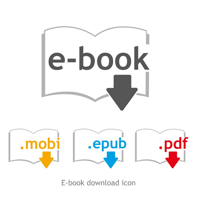 Four icons depicting an eBook downloadable as MOBI, PUB, and PDF formats.