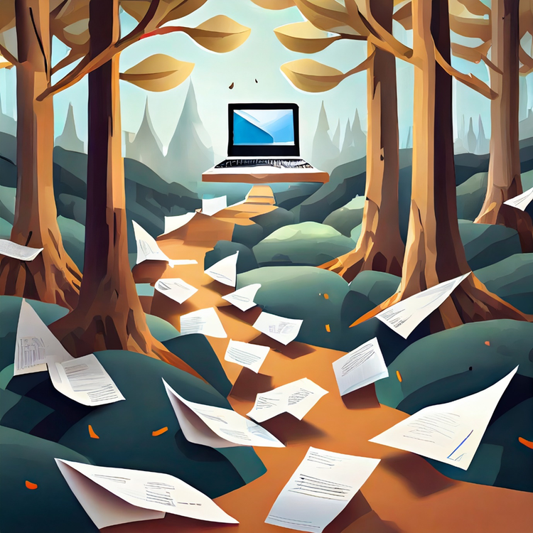 Image created with Adobe Firefly AI depicting a paper trail through a forest leading to a computer.