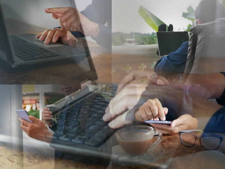 Photo collage of man working on devices in four different locations - at a desk with a laptop, on a deck, with a smartphone, and while having a coffee.