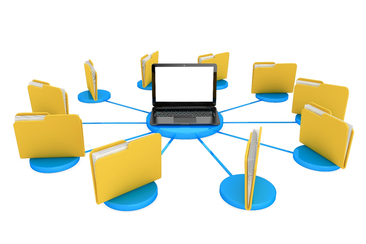 Diagram of a laptop surrounded and connected to yellow folder icons.