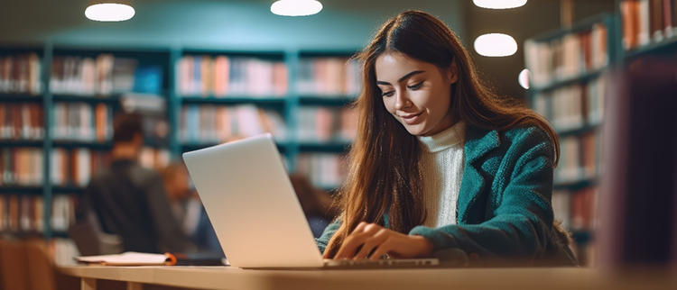 Female sitting in a library working on a laptop.