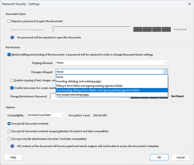 Screenshot from Adobe Acrobat showing permissions settings for changing and commenting on PDF files.