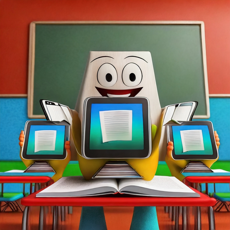 Image created with Adobe Firefly generative AI depicting a happy looking cartoon eraser figure standing in front of a chalkboard and textbook holding digital devices with information the screen.