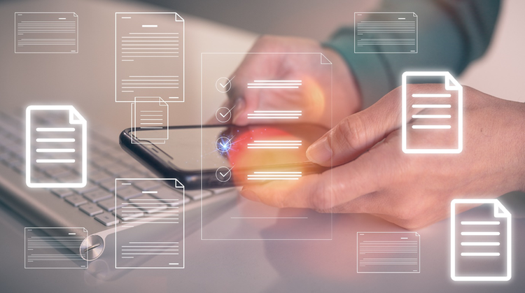 Photo of a person's hands checking a smartphone while sitting at a table with a keyboard. The photo is overlaid with icons and images of different documents.