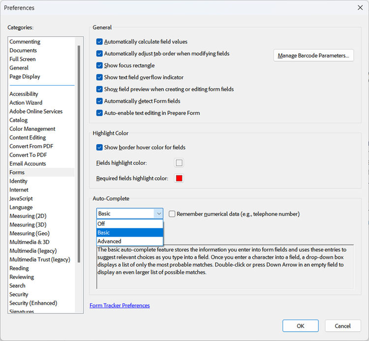 Screenshot of the options for creating PDF forms available in the Preferences menu in Adobe Acrobat.