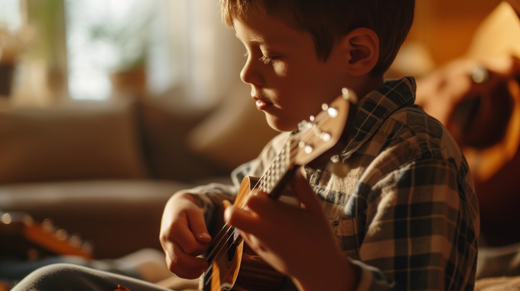 Photo of a boy sitting quietly and learning how to play the ukelele.