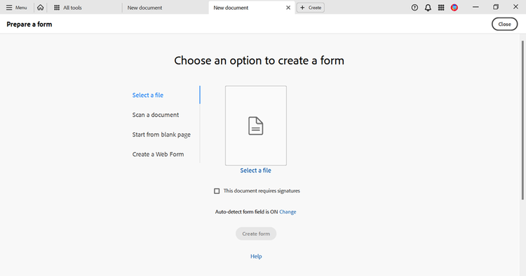 Screenshot of the options to prepare a form in the Adobe Acrobat application.