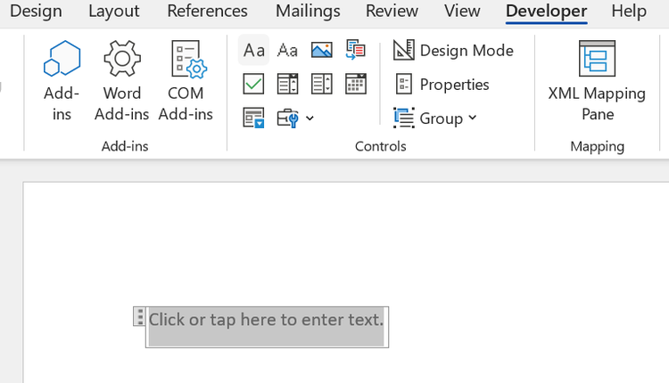 Screenshot showing the Developer tab on a Word document.