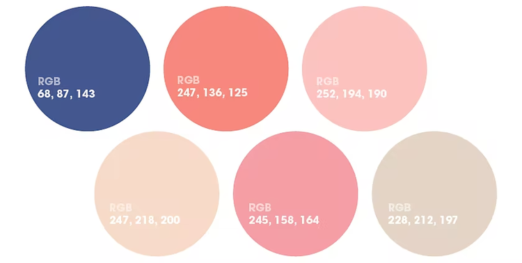 Multiple circles in different colours, spaced apart from each other, with superimposed text over each identifying their RGB colour numbers