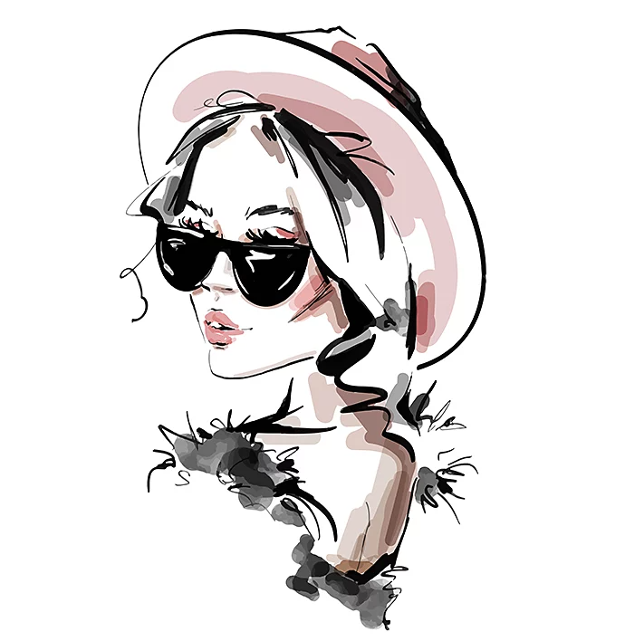 Illustration of someone modelling sunglasses and a hat