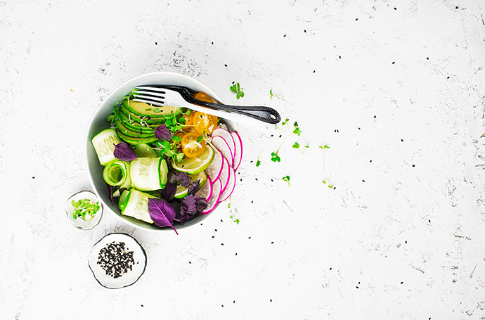 Uniquely sliced vegetables and fruit salad picture using the rule of thirds