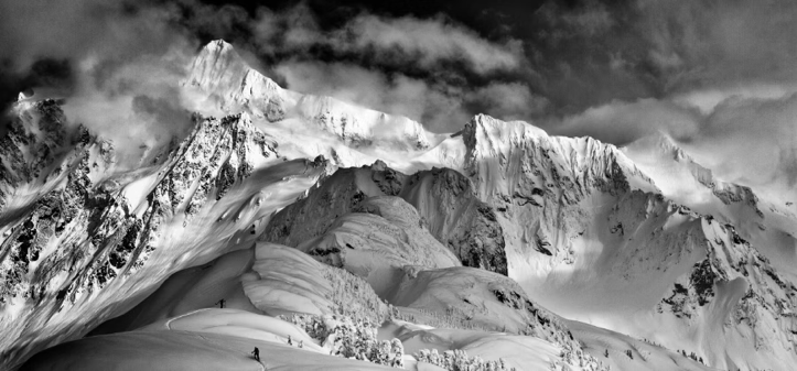 Black-and-white photo of snowy mountain