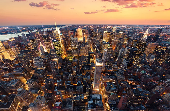 An aerial photo of New York City at night.