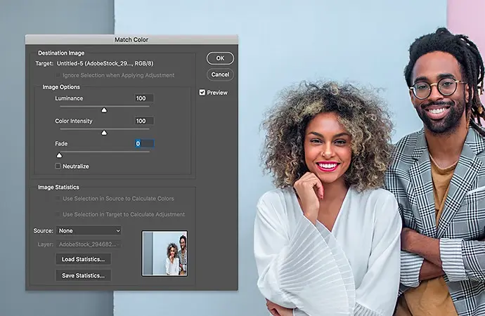 Image of two people posing with Adobe Photoshop Match Colour options hovering next to them