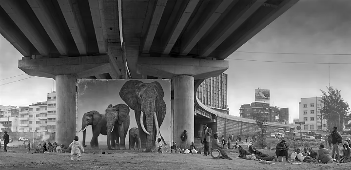 Monochrome image of mural underneath a bridge