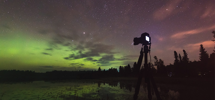 A camera on a tripod with a green and purple sky Description automatically generated