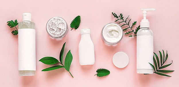 Array of skincare products photographed from above