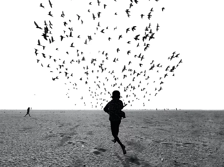 Child running through the sand as birds flock together in the background