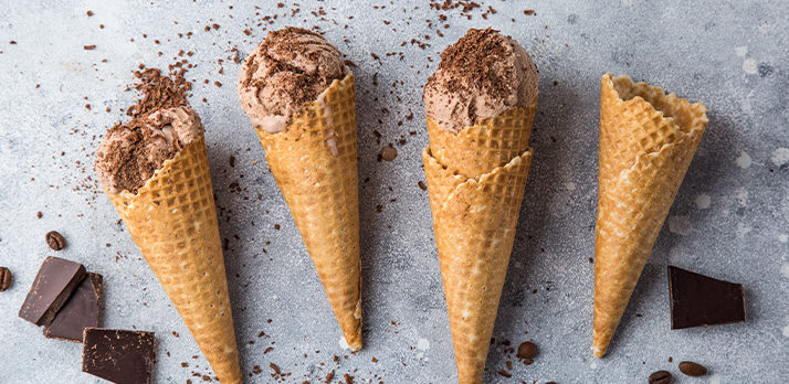 Fun food picture of chocolate ice cream cones with a dark chocolate dust