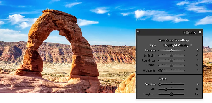 The Adobe Photoshop Lightroom effects tab displaying how to sharpen an image superimposed over a photo of canyon landscape