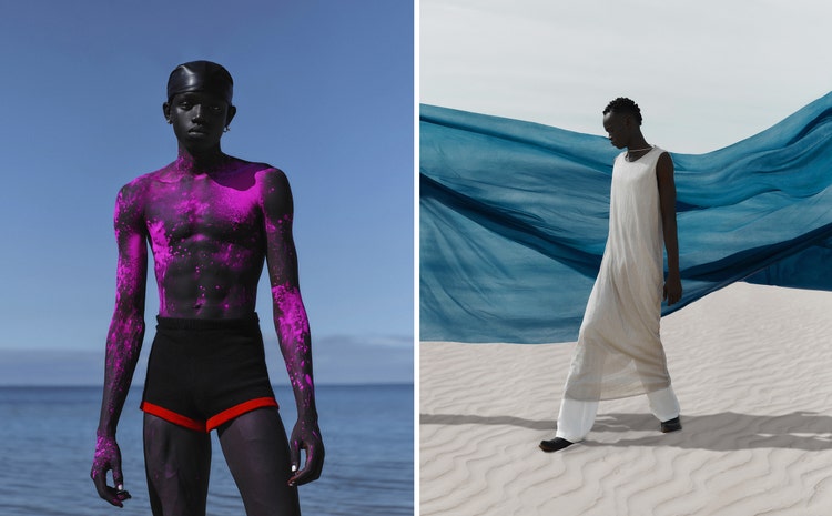 Fashion photography of a model surrounded covered in pink paint shooting outdoors with natural light | Fashion photography of a model shooting outdoors with fabric