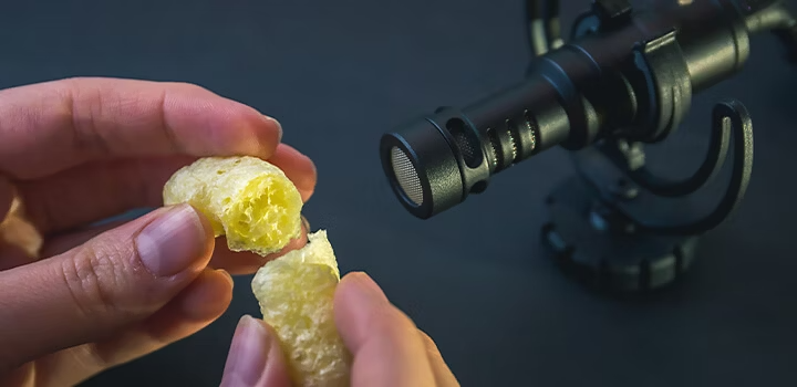 An ASMR microphone recording the breaking of a corn puff