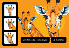 drawing of giraffes on an orange background with the text prompt "Giraffe head peeking at you"