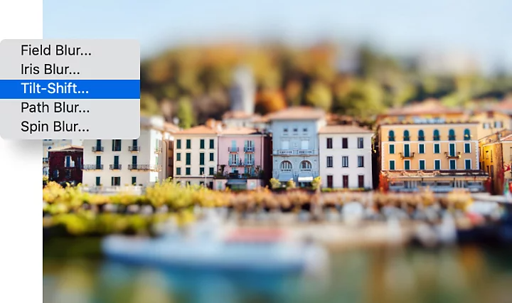 Tilt-shift applied to an image of buildings on the waterfront