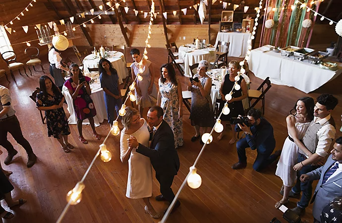 Aerial view of married couple doing first dance