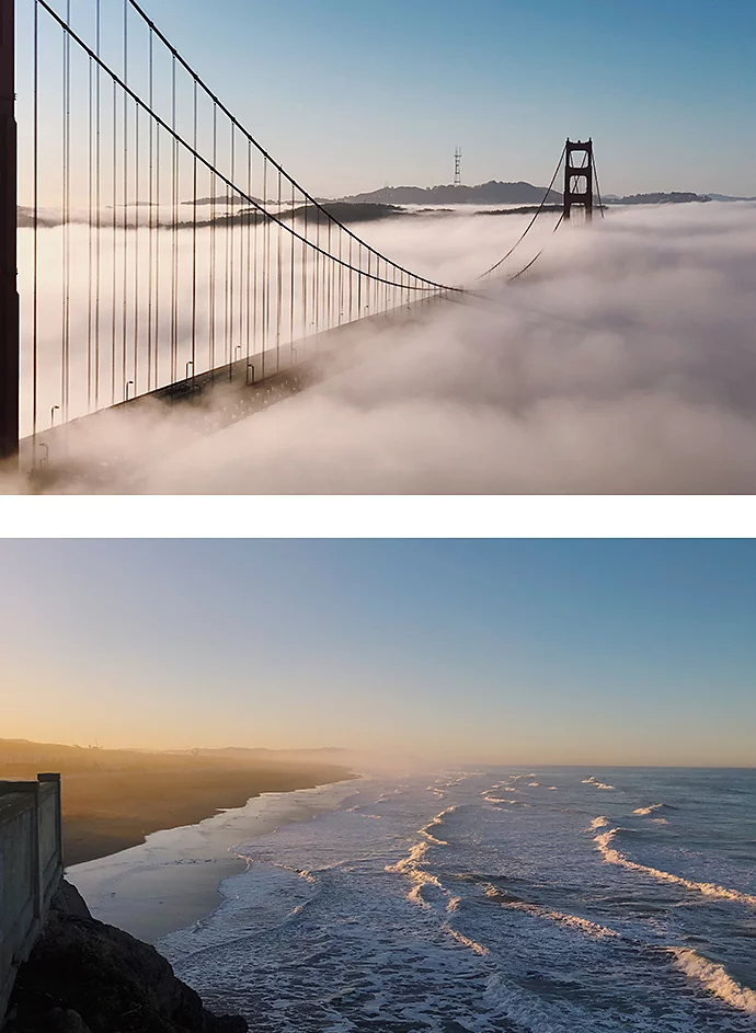 Two photos in a vertical grid; a photo of the Golden Gate Bridge stacked on top of a photo of the ocean.